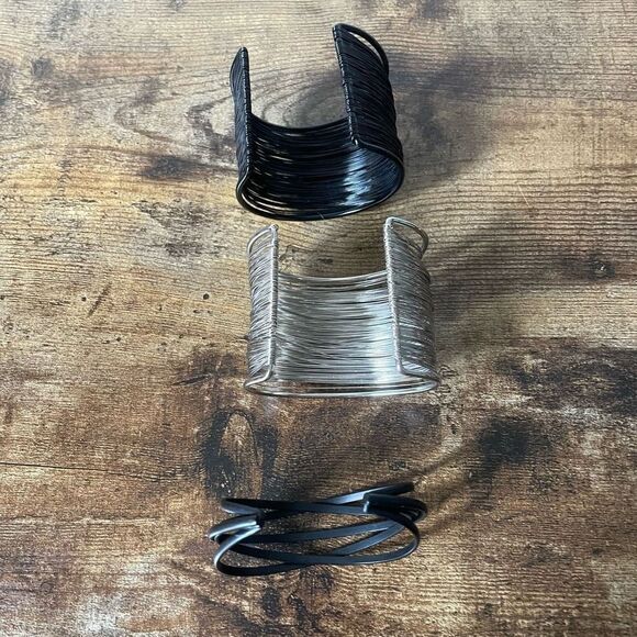 3 Wide Cuff Bracelet Bundle, 2 black and silver. NWOT - Picture 2 of 4